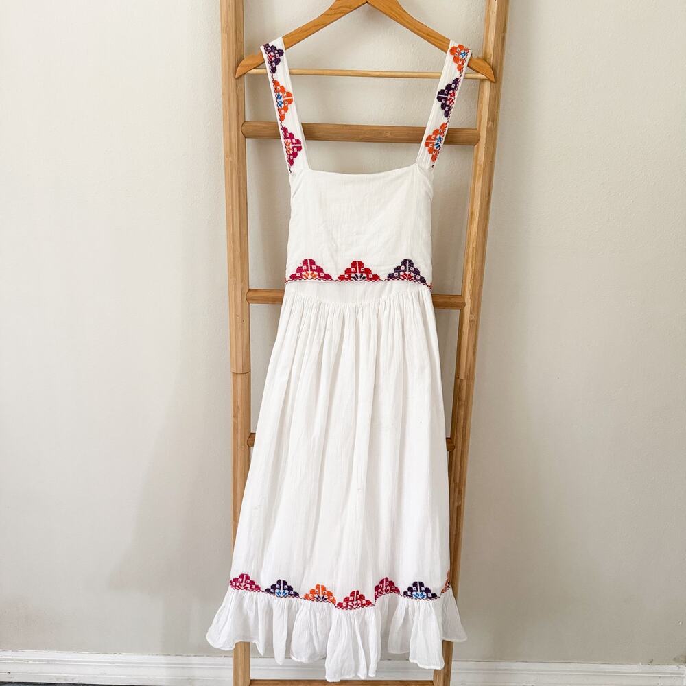 Carolina K White Embroidered Midi Dress Size L Cotton Tie Back Boho EUC